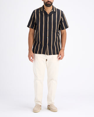 Portuguese Flannel Marques Structured Cotton Jacquard Stripe Camp Collar Shirt Midnight  Tan 1 10853