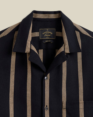 Portuguese Flannel Marques Structured Cotton Jacquard Stripe Camp Collar Shirt Midnight  Tan 2