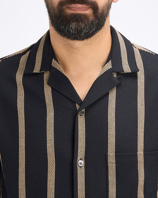 Portuguese Flannel Marques Structured Cotton Jacquard Stripe Camp Collar Shirt Midnight  Tan 2 10859