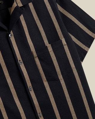 Portuguese Flannel Marques Structured Cotton Jacquard Stripe Camp Collar Shirt Midnight  Tan 3