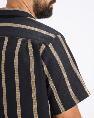 Portuguese Flannel Marques Structured Cotton Jacquard Stripe Camp Collar Shirt Midnight  Tan 4 10857