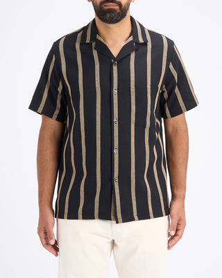 Portuguese Flannel Marques Structured Cotton Jacquard Stripe Camp Collar Shirt Midnight  Tan 5 10856