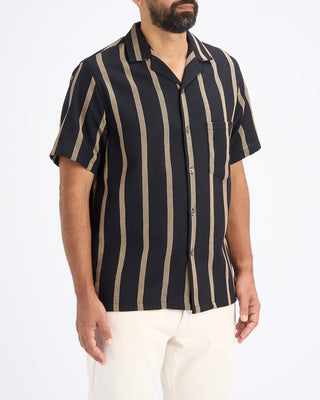 Portuguese Flannel Marques Structured Cotton Jacquard Stripe Camp Collar Shirt Midnight  Tan 6 10855
