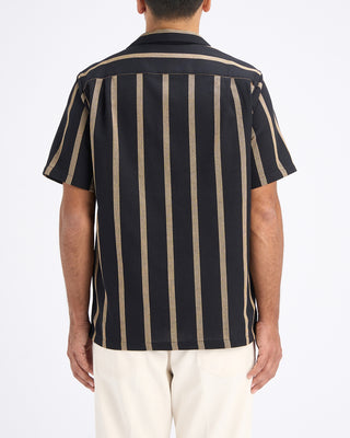 Portuguese Flannel Marques Structured Cotton Jacquard Stripe Camp Collar Shirt Midnight  Tan 7 10854