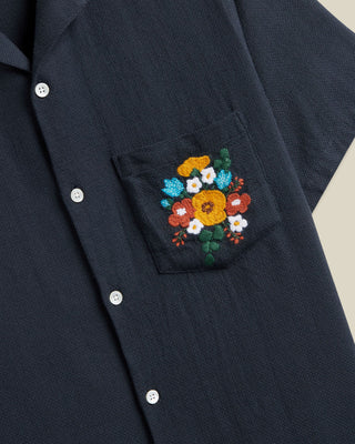 Portuguese Flannel Embroidery Piquet Cotton Camp Collar Shirt Navy 3