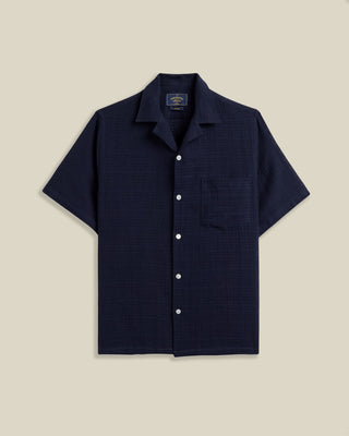 Portuguese Flannel Grain Open Weave Cotton Camp Collar Shirt Navy 1