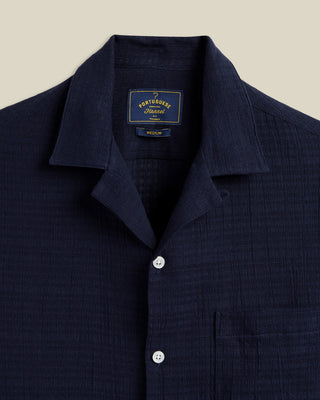 Portuguese Flannel Grain Open Weave Cotton Camp Collar Shirt Navy 2