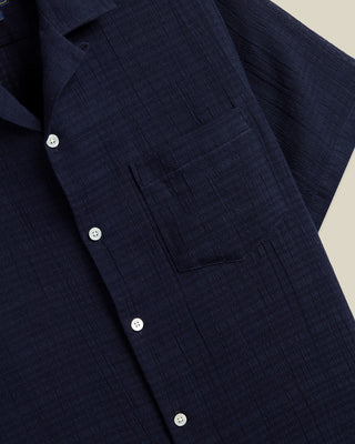 Portuguese Flannel Grain Open Weave Cotton Camp Collar Shirt Navy 3