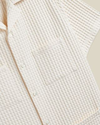 Portuguese Flannel Equador Waffleknit Cotton 4 Pocket Short Sleeve Overshirt Cream 3