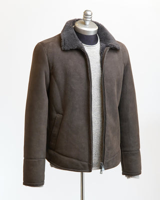 HiSo Cappuccino Suede Shearling Bomber Jacket Taupe  9