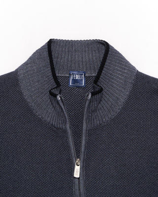 Fedeli 100% Merino Wool Quarter Zip Sweater Blue 7 4891