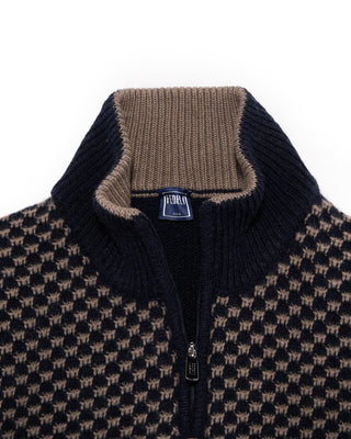 Fedeli Checkerboard Knit Wool Quarter Zip Sweater Navy  Beige 10 4940