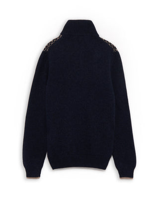 Fedeli Checkerboard Knit Wool Quarter Zip Sweater Navy  Beige 12 1 4941
