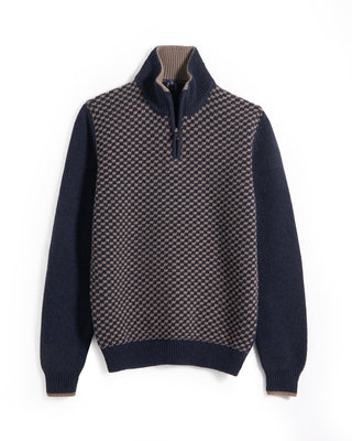 Fedeli Checkerboard Knit Wool Quarter Zip Sweater Navy  Beige 4 6616