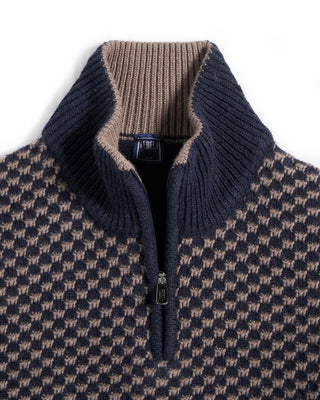 Fedeli Checkerboard Knit Wool Quarter Zip Sweater Navy  Beige 5 6617