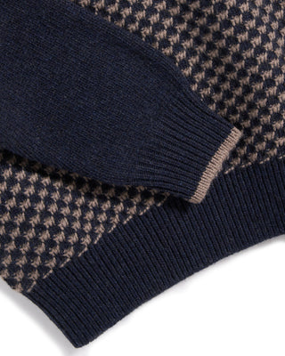 Fedeli Checkerboard Knit Wool Quarter Zip Sweater Navy  Beige 6 6618