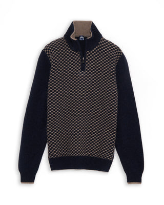 Fedeli Checkerboard Knit Wool Quarter Zip Sweater Navy  Beige 7 4938
