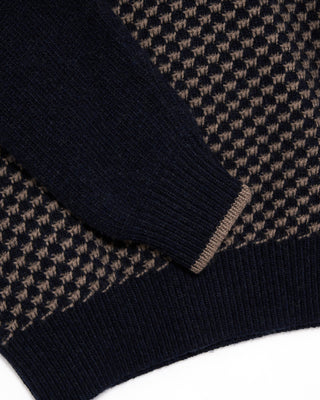 Fedeli Checkerboard Knit Wool Quarter Zip Sweater Navy  Beige 8 4939