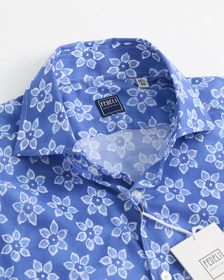 21140 Fedeli Floral Print Cotton Stretch Shirt Blue 1 3