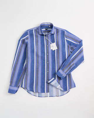 11140 Fedeli Bold Striped Cotton Linen Shirt Blue 1