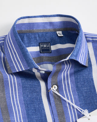 11140 Fedeli Bold Striped Cotton Linen Shirt Blue 1 3
