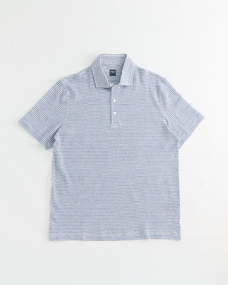 Fedeli Cotton Linen Horizontal Stripe Polo Blue 