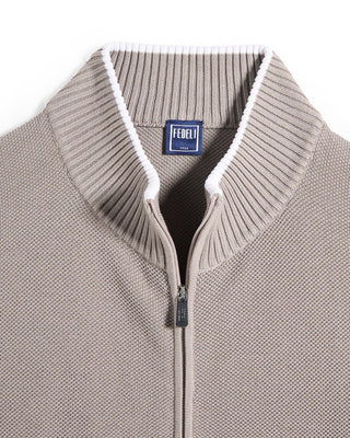 Fedeli Open Honeycome Full Zip Giza Cotton Cardigan Taupe 4 9703