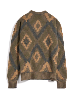 Piacenza 1733 5 Gauge Merino Wool Fil A Fil Ikat Argyle Crewneck Sweater Olive 14 3648