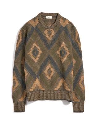 Piacenza 1733 5 Gauge Merino Wool Fil A Fil Ikat Argyle Crewneck Sweater Olive 5 3645