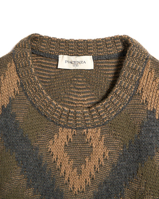 Piacenza 1733 5 Gauge Merino Wool Fil A Fil Ikat Argyle Crewneck Sweater Olive 6 3646