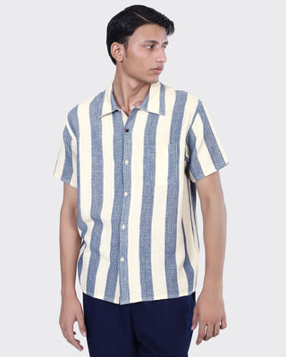 Kardo Boxy Fit Handloomed Cotton Striped Short Sleeve Shirt Blue 1