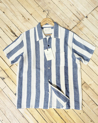 Kardo Boxy Fit Handloomed Cotton Striped Short Sleeve Shirt Blue 1