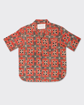 Kardo Oversized Ajrakh Matka Silk Camp Collar Shirt Brick 1