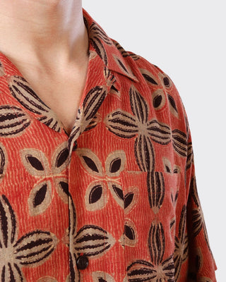Kardo Oversized Ajrakh Matka Silk Camp Collar Shirt Brick 2
