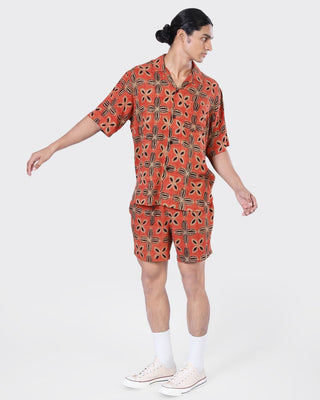Kardo Oversized Ajrakh Matka Silk Camp Collar Shirt Brick 3
