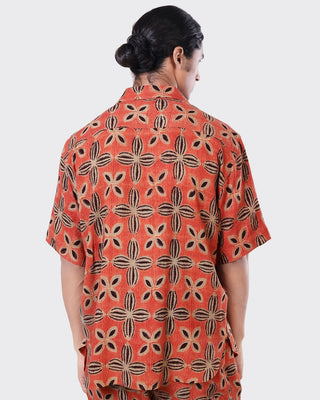 Kardo Oversized Ajrakh Matka Silk Camp Collar Shirt Brick 4
