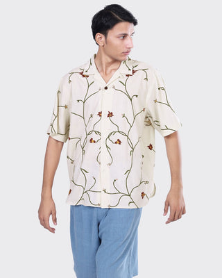 Kardo Oversized Khadi Cotton With Hand Embroidery Camp Collar Shirt Natural 2