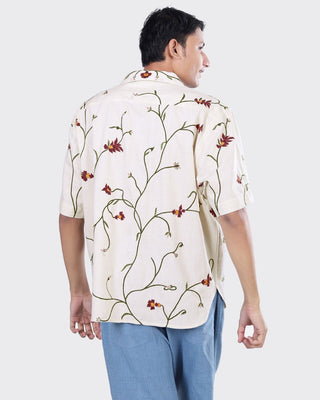 Kardo Oversized Khadi Cotton With Hand Embroidery Camp Collar Shirt Natural 3