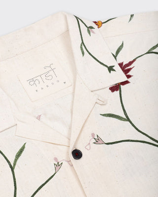Kardo Oversized Khadi Cotton With Hand Embroidery Camp Collar Shirt Natural 6