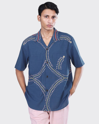 Kardo Oversized Rabari Embroidered Camp Collar Shirt Indigo 1