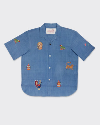 Kardo Oversized Hand Embroidered Animals Camp Collar Shirt Indigo 2
