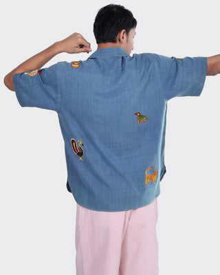 Kardo Oversized Hand Embroidered Animals Camp Collar Shirt Indigo 3