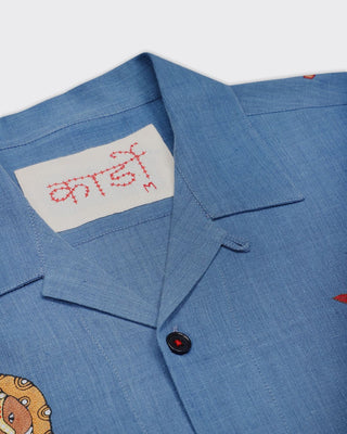 Kardo Oversized Hand Embroidered Animals Camp Collar Shirt Indigo 5