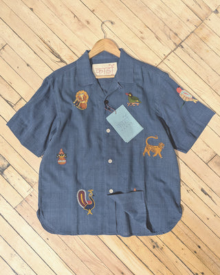 Kardo Oversized Hand Embroidered Animals Camp Collar Shirt Indigo 1