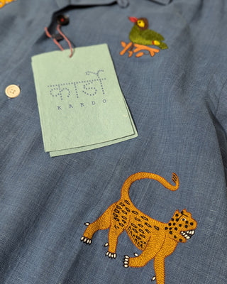 Kardo Oversized Hand Embroidered Animals Camp Collar Shirt Indigo 2