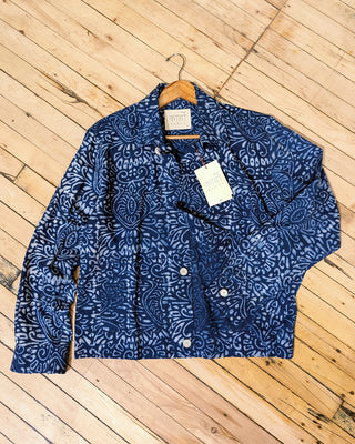 Kardo Boxy Fit Bodhi Ultra Lightweight Blockprint Cotton 4 Button Jacket Blue 1