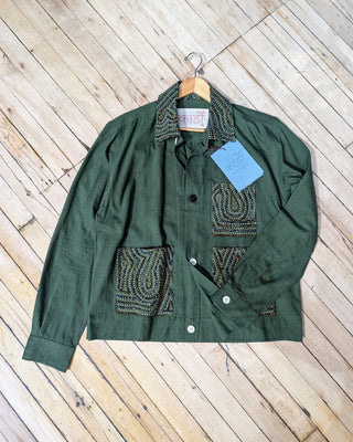 Kardo Boxy Fit Bodhi Rabari Applique Cotton 4 Button Jacket Green 1