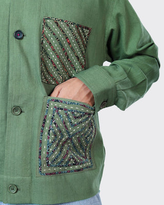 Kardo Boxy Fit Bodhi Rabari Applique Cotton 4 Button Jacket Green 5