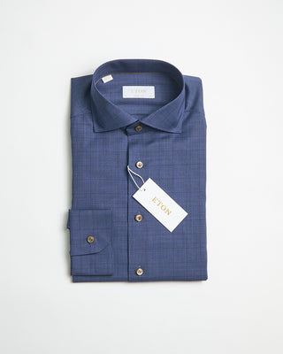 Eton Mid Blue Check Merino Wool Contemporary Shirt Blue 0