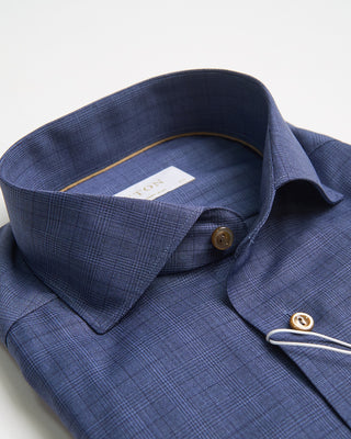Eton Mid Blue Check Merino Wool Contemporary Shirt Blue 0 2